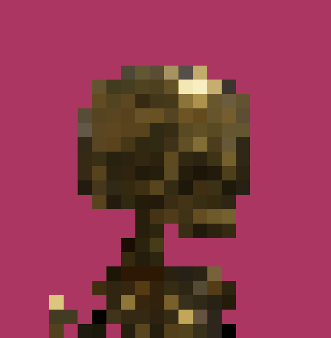 A heavily pixelated dark brown and tan figure on a magenta background, appearing to be a low-resolution character sprite.