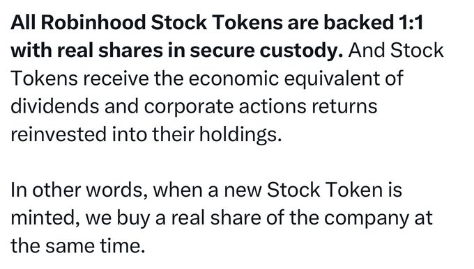 A text excerpt from Robinhood explaining that its Stock Tokens are backed 1:1 with real shares held in secure custody, with dividends and corporate actions reinvested, and new tokens minted alongside an actual share purchase—context for Johann Kerbrat's comments on the platform's tokenized stock offerings.