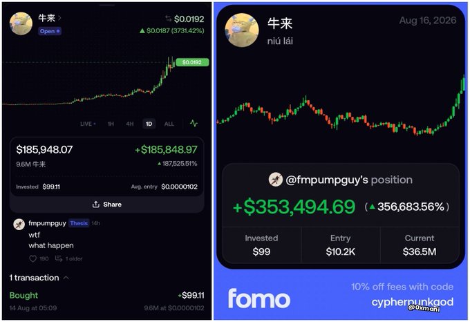 Screenshots showing massive gains on a meme coin called '牛来 (niú lái)', with one position showing a +356,683.56% return on a $99 investment from user @fmpumpguy.