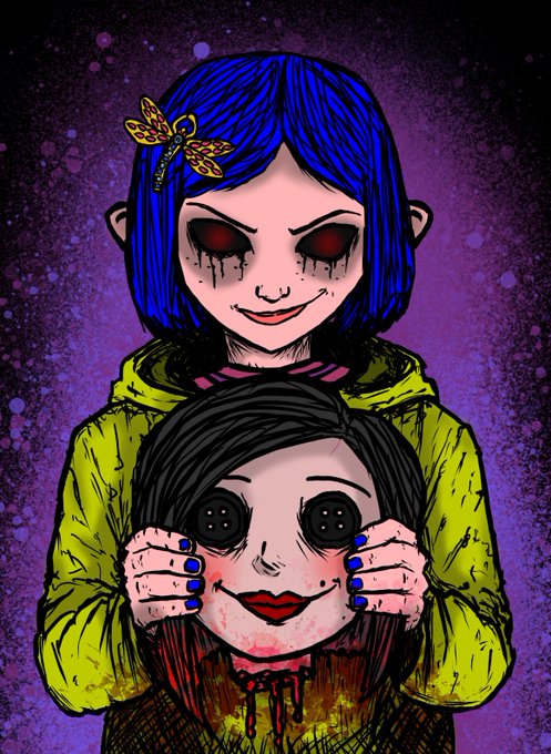 A creepy digital illustration of a blue-haired girl with red eyes and a sinister smile holding a mask in front of her face.