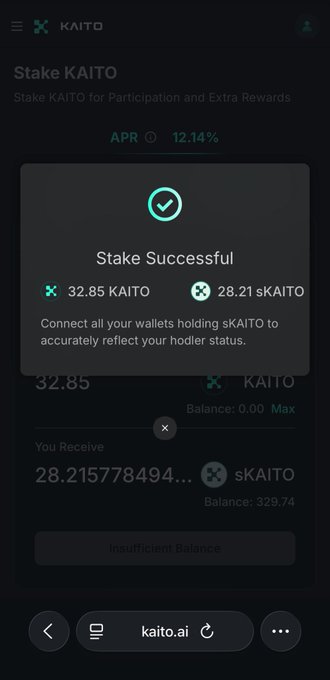 A mobile screenshot of a successful KAITO staking transaction on kaito.ai, showing 32.85 KAITO staked yielding 28.21 sKAITO at an APR of 12.14%.