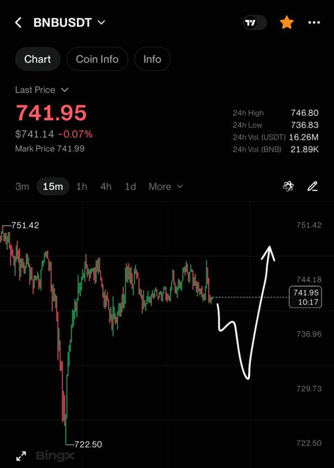 A cryptocurrency trading chart for BNBUSDT on BingX shows a current price of $741.95 (-0.07%), with a 15m timeframe candlestick chart and a white hand-drawn arrow indicating a projected price movement.