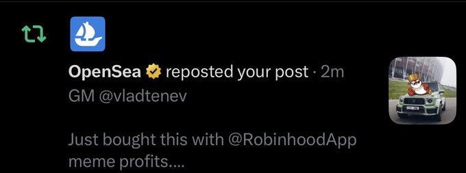 A social media notification shows OpenSea (✓) reposting a post from @vladtenev that reads "GM @vladtenev, Just bought this with @RobinhoodApp meme profits....," accompanied by an image of an animated bear in a small green car. The screenshot captures the exciting moment the user received recognition from the major NFT marketplace for their crypto-related post, aligning with their caption about getting a repost from OpenSea.