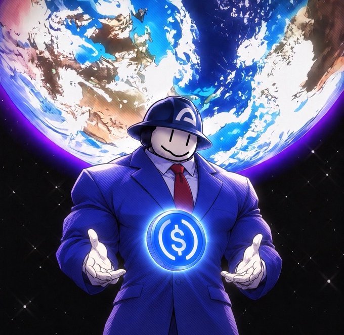 A digital illustration of a smiling cartoon figure wearing a blue suit, red tie, and a cap with an 'A' logo, holding a glowing blue coin with a dollar sign in front of planet Earth in space.