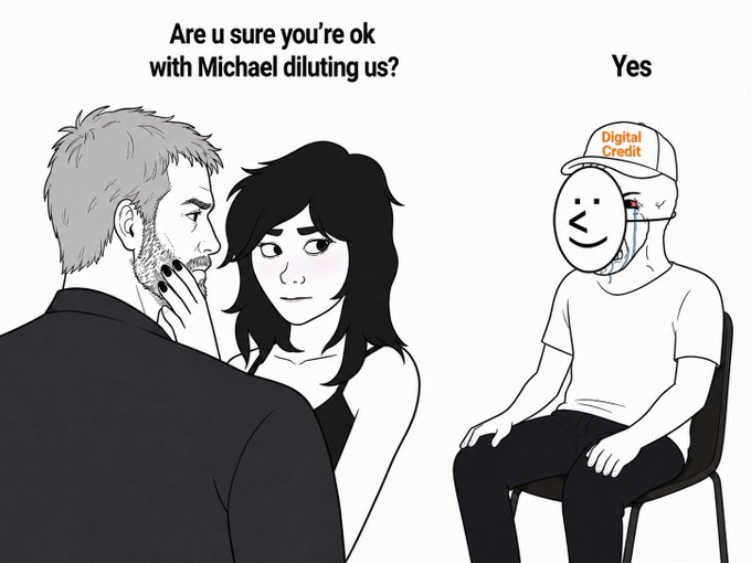 A black and white comic depicting a couple looking concerned at a third person whose face is a Walmart smiley logo, with the woman asking, 'Are u sure you're ok with Michael diluting us?' and the character replying 'Yes.'