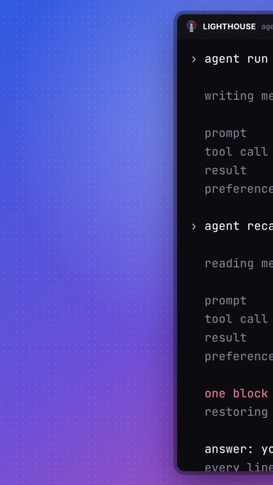 A partial screenshot of a terminal or code editor on a blue-purple gradient background showing logs for an AI agent, including sections like '> agent run', 'writing me', 'prompt', 'tool call', and a message stating 'one block restoring'.