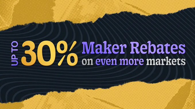 A promotional graphic with torn paper edges displaying the text 'UP TO 30% Maker Rebates on even more markets' in yellow and purple lettering on a dark blue background.