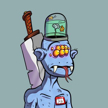 A cartoon illustration of a blue monster character with multiple eyes and a snake-like tongue, a sword strapped to its back, and a glass dome containing a small tree on top of its head.