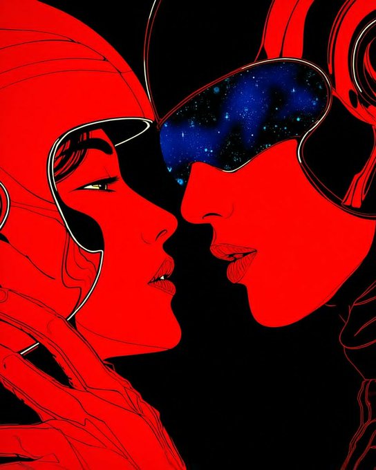 Stylized red and black illustration of two futuristic characters in helmets facing each other romantically, with one visor reflecting a starry galaxy.