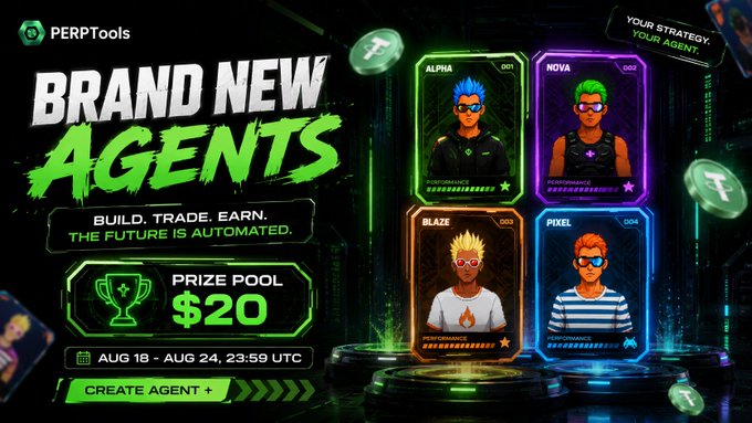 A promotional graphic for 'PERPTools' advertising 'BRAND NEW AGENTS' with a prize pool of $20, featuring character cards for ALPHA, NOVA, BLAZE, and PIXEL, running August 18 - August 24.