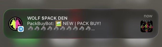 A Telegram notification from 'WOLF PACK DEN' stating 'PackBuyBot: 📦 NEW | PACK BUY!' followed by a series of wolf emojis and a 'THE ORIGIN OF AFK' badge.