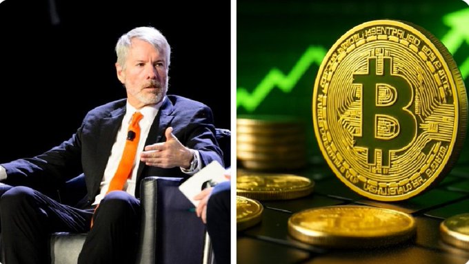 A man in a suit with an orange tie gestures while speaking on stage, alongside an image of golden Bitcoin coins with the recognizable "B" symbol set against a green upward-trending chart.

The image relates to the post by featuring Michael Saylor, the prominent Bitcoin advocate and Strategy (formerly MicroStrategy) executive, paired with Bitcoin imagery representing the cryptocurrency central to his company's holdings and the dividend sustainability discussion mentioned.
