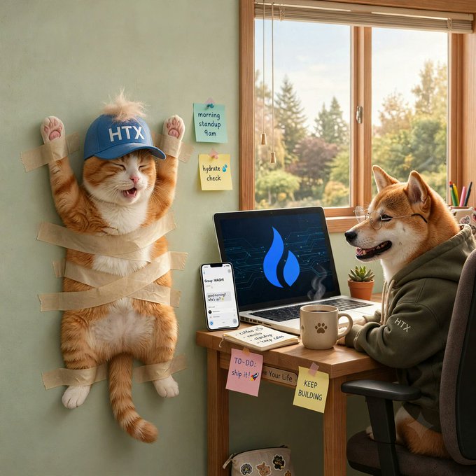An orange cat wearing an "HTX" cap is taped to the wall next to sticky notes reading "morning standup 9am" and "hydrate check," while a Shiba Inu in an "HTX" hoodie calmly works at a laptop with a phone, paw-print mug, and reminders to "KEEP BUILDING" and "Ship it." The chaotic cat duct-taped to the wall playfully contrasts the Shiba's focused grind, answering the post's "gm. who's taping it together?" with a wink: someone on the HTX team is clearly being held together by sheer willpower and packing tape.