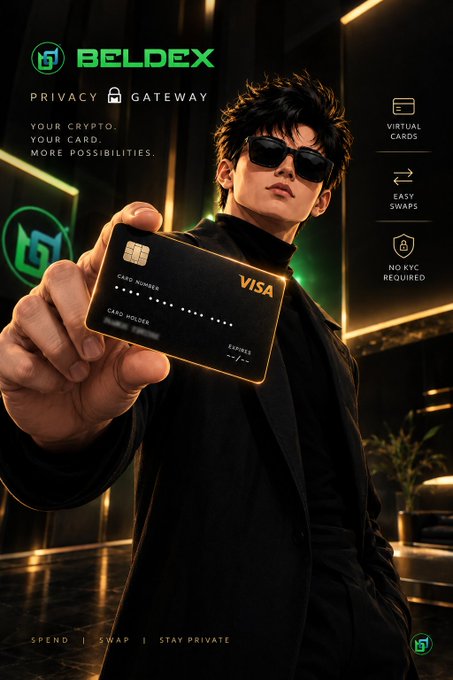 An advertisement for Beldex titled 'PRIVACY GATEWAY' showing a man in sunglasses holding out a black Visa credit card, featuring features like 'VIRTUAL CARDS', 'EASY SWAPS', and 'NO KYC REQUIRED'.
