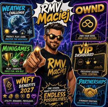 A promotional graphic for "$RMV Maciej" featuring a cartoon-style man with a beard, showcasing six project highlights: "Weather Challenge" (predict weather, master the weather), "Ownd" (own your data, own your future), "Minigames" (play, compete, have fun, win big), "VIP Dashboard" (exclusive access, total control), "wNFT Benefits 2027" (utility, rewards, privileges, the future is yours), and "Partnerships" (stronger together, building the future), with the tagline "One vision, many opportunities, endless possibilities!"

The image visually summarizes the $RMV ecosystem's planned features and initiatives, aligning with the post's message about the active building and development happening within the project during the bear market.