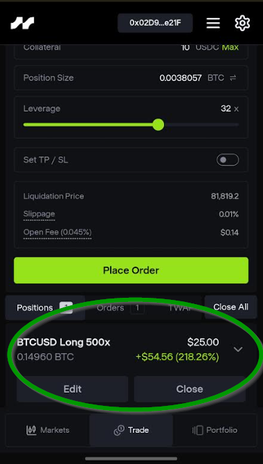 A mobile trading app screenshot showing an active BTCUSD long position with 500x leverage (0.014960 BTC for $25) currently up +$54.56 (218.20%), with order details visible including 32x leverage slider, liquidation price at 81,819.2, and a "Place Order" button. The image illustrates the post's point about setting limit orders in advance and letting them fill automatically when BTC reached the trader's predetermined level.