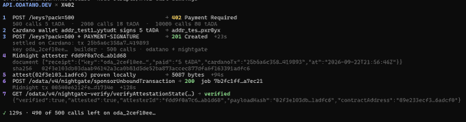 A terminal screenshot showing API logs for '/keyspacks500' with payment, signature, and settlement details on ODDATANO.DEV.