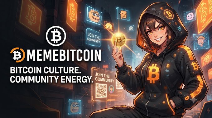 A promotional banner for 'MEMEBITCOIN' reads 'BITCOIN CULTURE. COMMUNITY ENERGY.' and features an anime-style character holding a Bitcoin in a cyberpunk city setting.