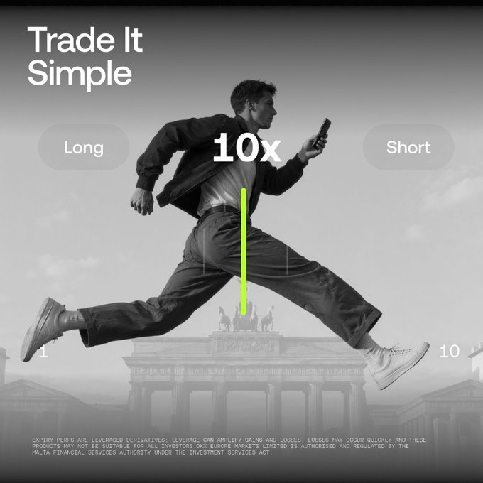 An ad featuring a businessman leaping mid-air with a phone, overlaid with the text "Trade It Simple," "Long," "10x," and "Short," promoting the OKX app's X-Perps with up to 10× leverage in simple trading mode.