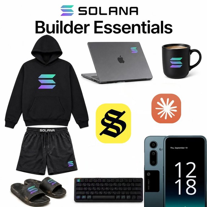 The image displays a "Solana Builder Essentials" promotional collage featuring branded merchandise and tech items including a black hoodie, shorts, slides, a coffee mug with the Solana logo, a MacBook, smartphone, mechanical keyboard, and app icons for Backpack and Jupiter. The caption "Solana builder kit" aligns with the curated collection of developer-focused swag and tech accessories, inviting viewers to comment on what items they think are missing from the kit.