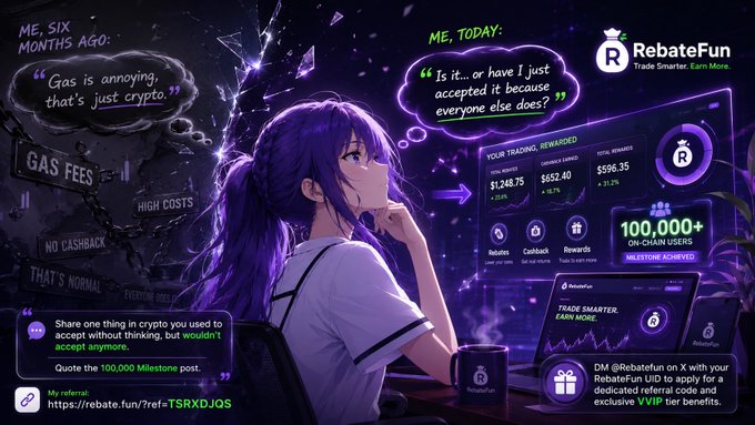 An anime-style promotional image for RebateFun featuring a purple-haired character, with text showing a trading dashboard displaying $1,248.75, $652.40, and $596.35, and '100,000+ ON-CHAIN USERS', along with a referral link.