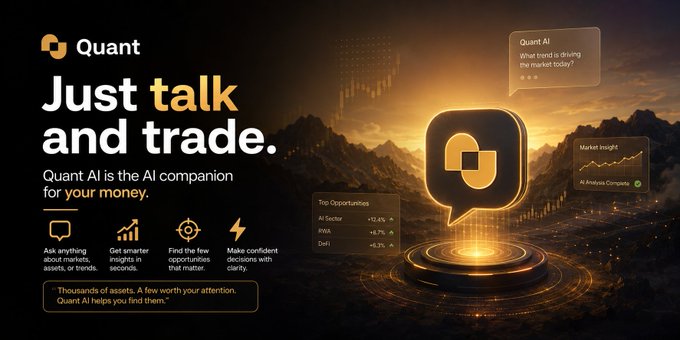 An advertisement for 'Quant' AI trading companion with the headline 'Just talk and trade.', highlighting features like market insights, AI analysis, and finding opportunities across sectors including AI Sector, INVX, and DeFi.