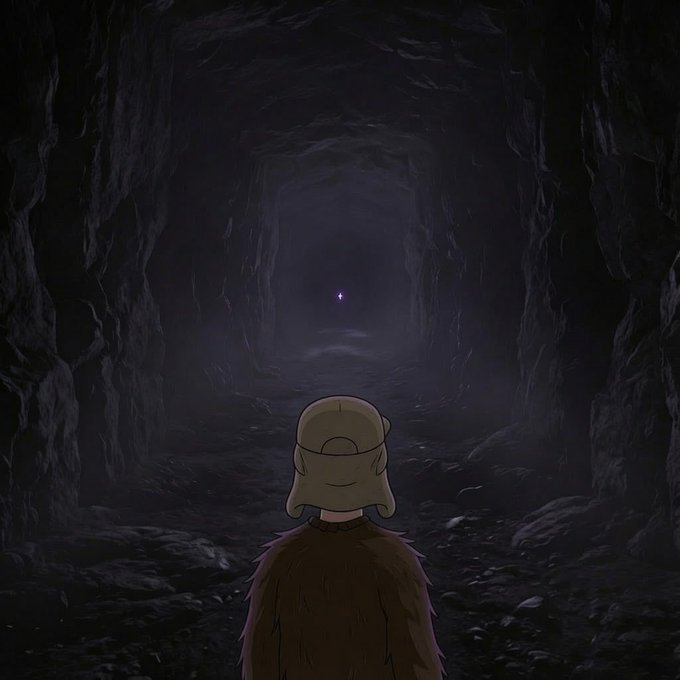 A person viewed from behind, wearing a brown fur coat and a cap, stands at the entrance of a dark rocky tunnel gazing toward a faint glowing light in the distance. The lone glimmer at the tunnel's end serves as a metaphor for Ethereum, symbolizing a believer's hopeful outlook that cryptocurrency lies beyond the darkness and uncertainty.