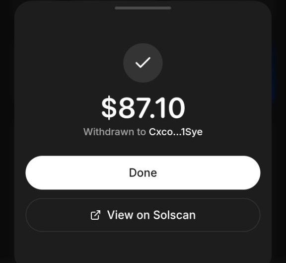 A mobile interface displays a successful withdrawal confirmation of $87.10 USDC to a wallet address ending in "1Sye," complete with a checkmark, a "Done" button, and a "View on Solscan" option. This relates to the post by showing the final step of a tutorial on withdrawing USDC from the WORM prediction market platform on Solana.