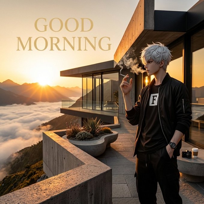 A digital illustration of an anime-style silver-haired character smoking a cigarette on a modern cliffside balcony at sunrise, with 'GOOD MORNING' text overlaid.