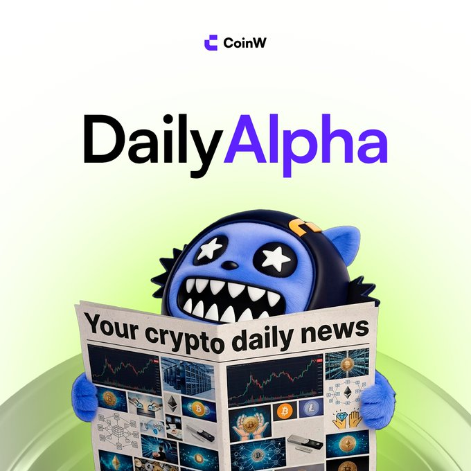 A promotional graphic for CoinW's "Daily Alpha" newsletter features a blue cartoon monster mascot holding a newspaper titled "Your crypto daily news," adorned with various crypto-related icons and charts. The playful branding ties into the accompanying post's market update, which discusses BTC consolidation around $63K, ETF outflows, and trending low-cap gems like ANSEM, TAC, and GROVE.