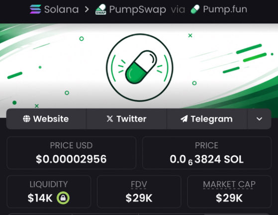 Sure, here's the cleaned up caption for the described image: 

"A screenshot from the Pumpswap website, displaying $PUMPTHING available on Solana for $0.00002956 USD. The chart indicates a liquidity of $14K, an FDV (fully diluted value) of $29K, and a market cap of $29K. These illustrations demonstrate a strategic sharing of PUMPTHING data by a community member, showcasing its early-entry edge and strong upside potential."