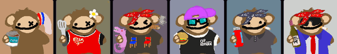 A horizontal lineup of six cartoon monkey characters, each with different accessories, outfits, and items like drums, pitchforks, and glasses in various colors.