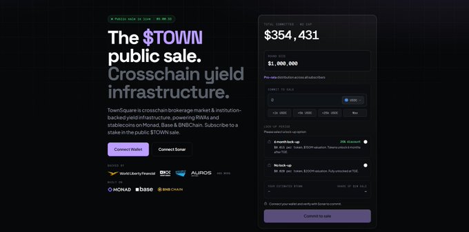 Website interface for the $TOWN public sale by TownSquare, advertising crosschain yield infrastructure on Base and BNBChain, with a hard cap of $1,000,000 and $354,431 raised in USDC.