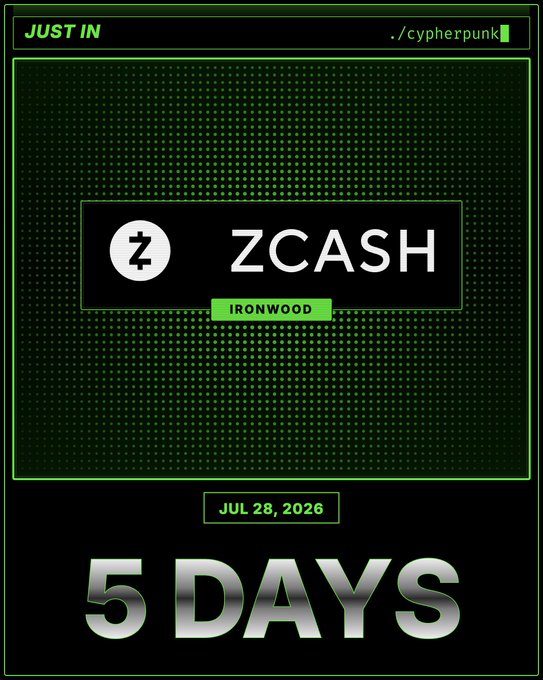A retro-terminal style graphic with green text announces 'ZCASH IRONWOOD' and a countdown of '5 DAYS' to JUL 28, 2026, with 'JUST IN' and './cypherpunk' at the top.