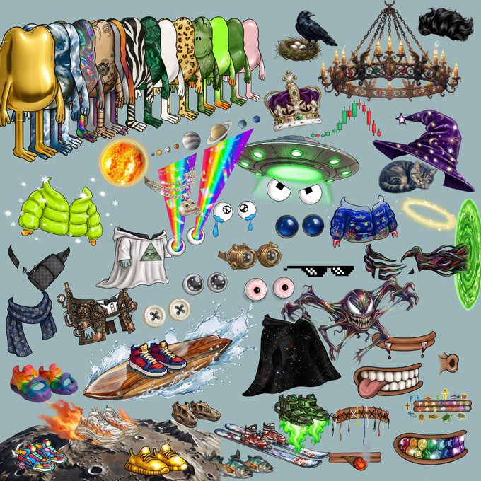 Collage of various surreal and whimsical digital illustrations including UFOs, wizard hats, crowns, disembodied limbs, eyes, and other odd elements.
