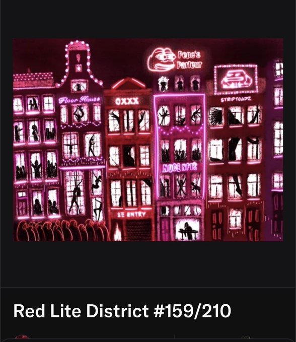 A neon-lit cityscape illustration of a red-light district with signs reading "Pyte's Parlour," "Stripteaze," and "Indoor Tits," labeled "Red Lite District #159/210."
