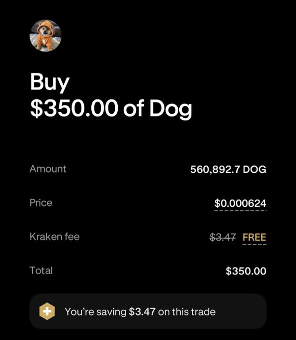 A cryptocurrency trading interface on Kraken showing a purchase of $350.00 of Dogecoin (DOG), with an amount of 560,892.7 DOG at a price of $0.000624, and a note that the $3.47 Kraken fee is FREE.