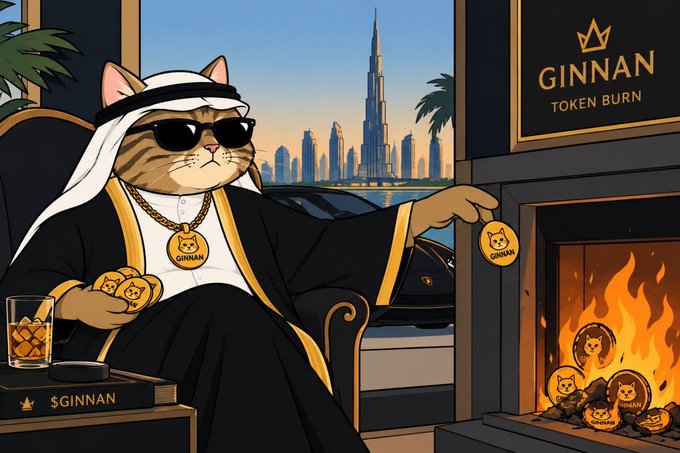 An illustrated cat character wearing sunglasses and traditional Arab attire holding a $GINNAN coin by a fireplace labeled 'GINNAN TOKEN BURN', with a Dubai skyline in the background.