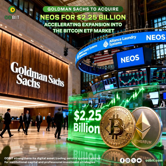 The image displays a Goldman Sachs office lobby with prominent branding, alongside a trading floor screen showing "NEOS" and cryptocurrency graphics featuring Bitcoin and Ethereum coins with a "$2.25 Billion" price tag. The header announces "GOLDMAN SACHS TO ACQUIRE NEOS FOR $2.25 BILLION - ACCELERATING EXPANSION INTO THE BITCOIN ETF MARKET," visually reinforcing the post's narrative about Goldman Sachs' strategic acquisition to bolster its Bitcoin ETF offerings, as supported by ODBIT's institutional digital asset services.