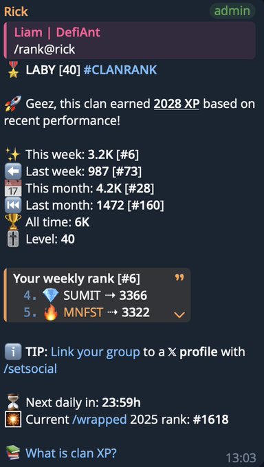 A Discord bot interface displays clan statistics for "Laby" ranked #40, showing it earned 2028 XP with weekly performance of 3.2K (#6) and all-time XP of 6K, while ranking ahead of clans like SUMMIT and MNFST at position #6 weekly, likely posted by @labyrinth_alpha as part of /laby_szn clan tracking updates.