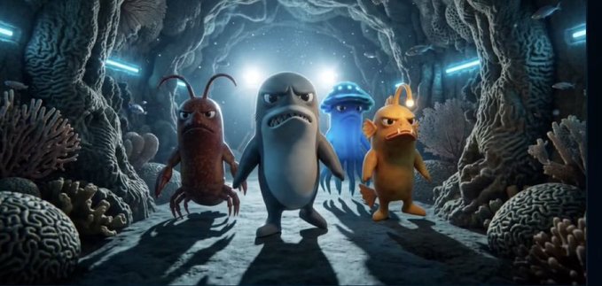 A CGI scene showing animated sea creatures including a shark, crab, jellyfish, and fish walking through an underwater cave with bioluminescent elements.