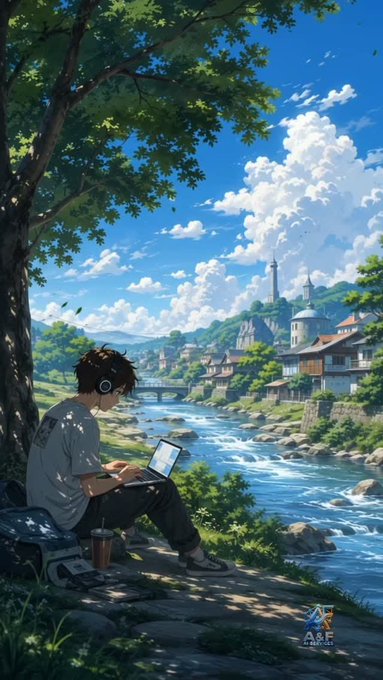 An anime-style illustration of a young person with headphones sitting under a tree by a river, working on a laptop, with a village and bright cloudy sky in the background.
