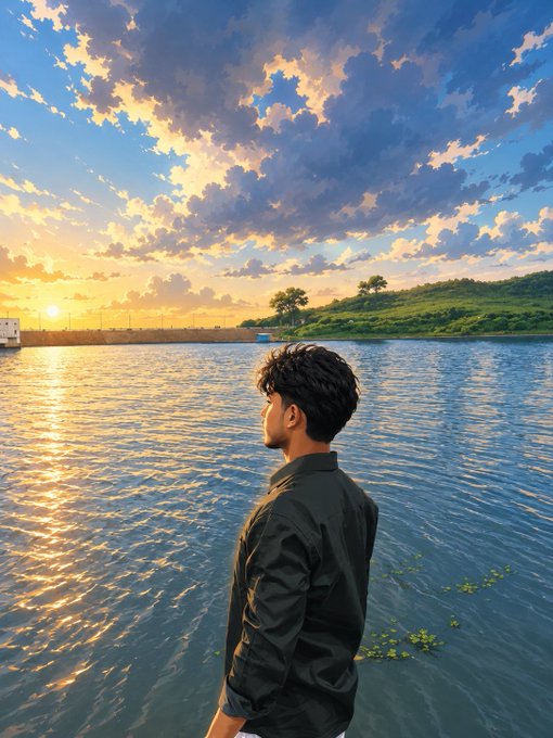 A young man in a black jacket stands in profile, looking out over a body of water during a vibrant golden sunset.