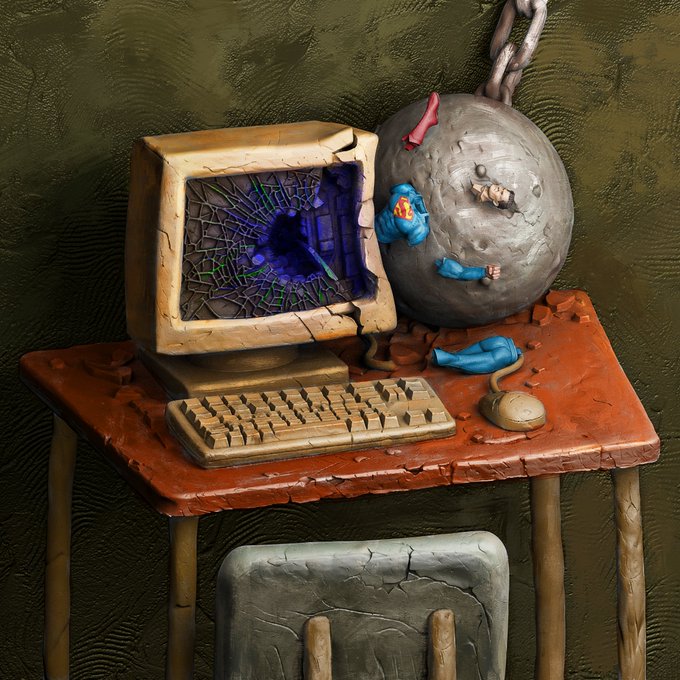 A surreal 3D rendered artwork showing a broken computer monitor, keyboard, and mouse on a cracked table with a gray spherical character nearby, featuring a worn chair in the foreground.