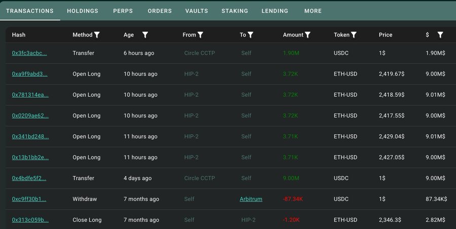A cryptocurrency transaction history interface with tabs for TRANSACTIONS, HOLDINGS, PERPS, ORDERS, VAULTS, STAKING, and LENDING, displaying recent USDC transfers and ETH-USD long positions.