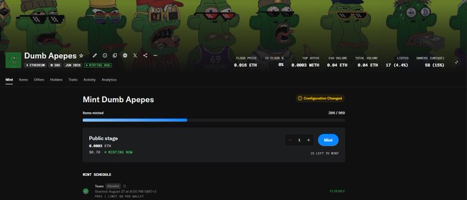 A webpage for "Dumb Apepes" NFT collection shows 402/969 items minted at 0.08 ETH each, with a Public mint stage active as indicated by the user's post celebrating the live mint and referencing Wojak memes.