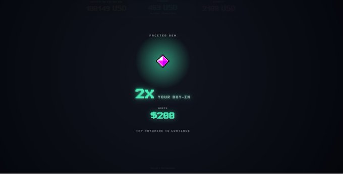 A gambling or crypto game results screen showing a 'FRACTURED GEM' prize with '2X YOUR BUY-IN' for a value of $288.