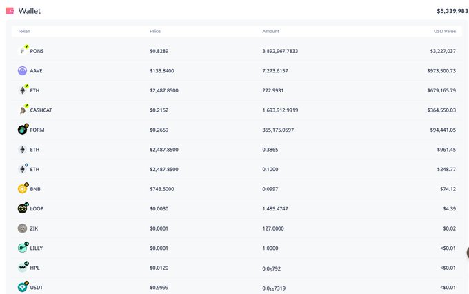 A crypto wallet screenshot displays a balance of $5,339,983 with tokens including PONS, AAVE, ETH, CASHCAT, FORM, BNB, LOOP, ZIX, LILLY, HPL, and USDT.
