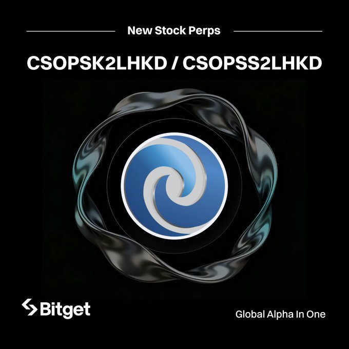 A Bitget promotional graphic announces new stock perps 'CSOPSK2LHKD / CSOPSS2LHKD' with a swirling blue and silver emblem on a black background.