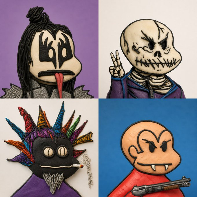 A four-panel grid of hand-drawn cartoon-style illustrations featuring a skeletal figure with Gene Simmons-style makeup, a peace-sign flashing skeleton, a colorful mohawked creature smoking a cigarette, and a bald vampire-like character holding a gun.